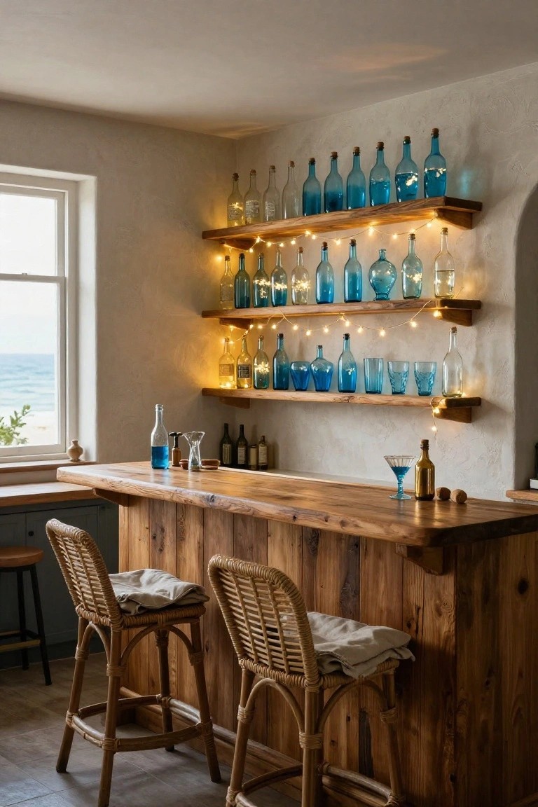 Rustic wooden bar with blue glass bottles and string lights above wicker stools.