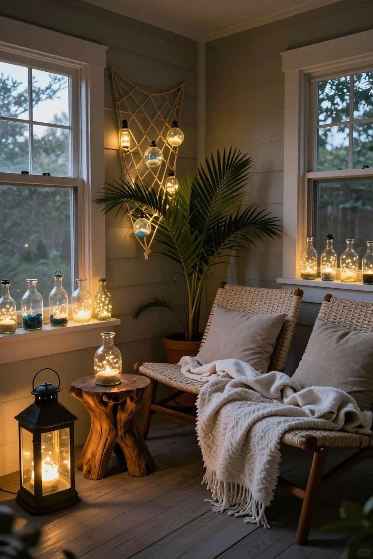 Cozy indoor corner with two rattan chairs draped in a white knit throw, wooden stool holding a lit jar, black metal lantern with candle, glass bottles filled with fairy lights on windowsill and shelf, palm plant in pot, net wall hanging with globe lights, shiplap walls and wooden floor.