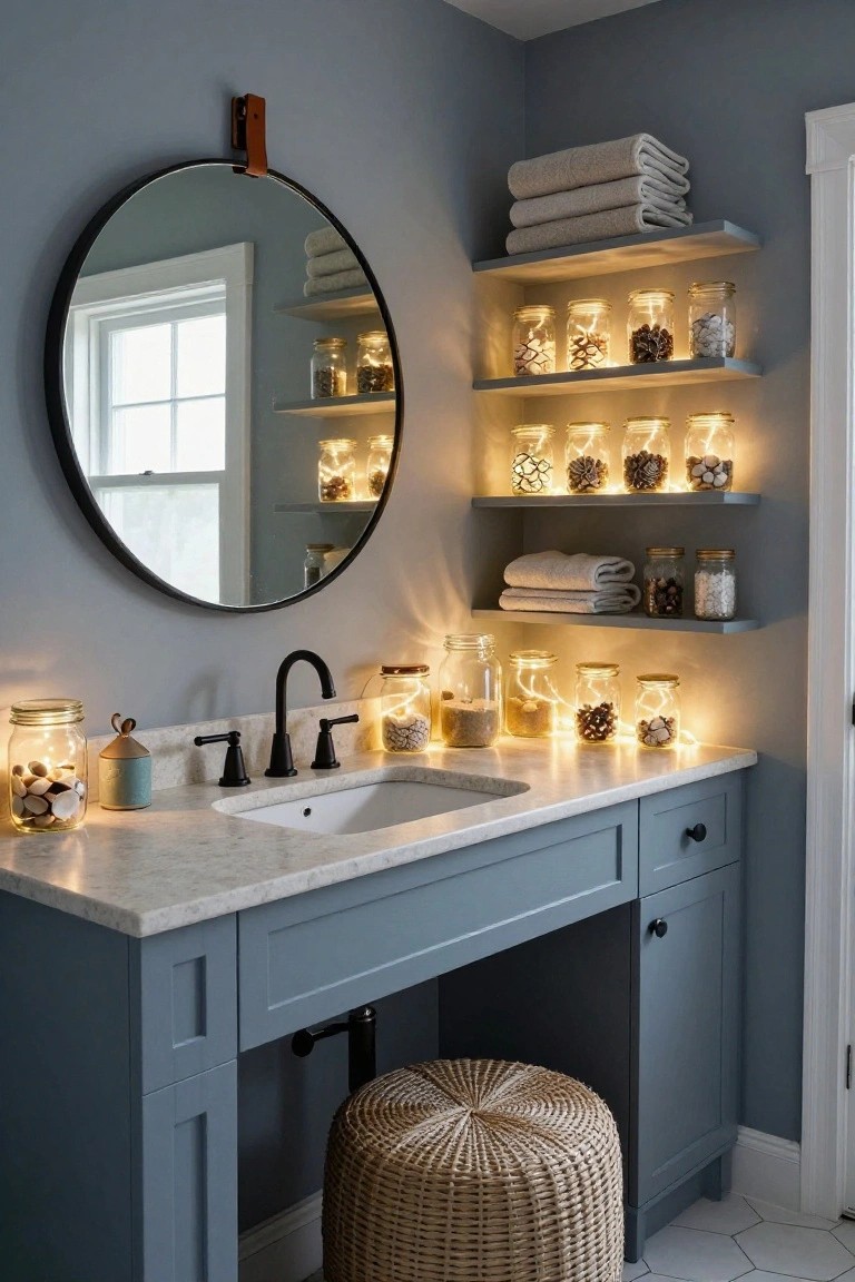 A blue bathroom vanity with white quartz countertop and black faucet under a round black mirror, flanked by open shelves holding folded towels and mason jars filled with fairy lights, shells, pinecones, and sand, plus a woven stool nearby.