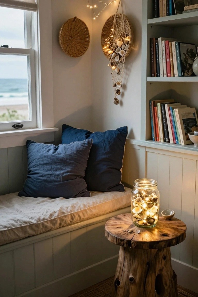 Cozy window nook with blue pillows, seashell lights, books, and wooden stool.
