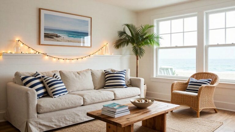Living room interior with light gray sofa, blue striped pillow, wooden coffee table stacked with books, rattan armchair, potted palm tree wrapped in string lights, mantel shelf with fairy light garland, and large windows showing ocean view.