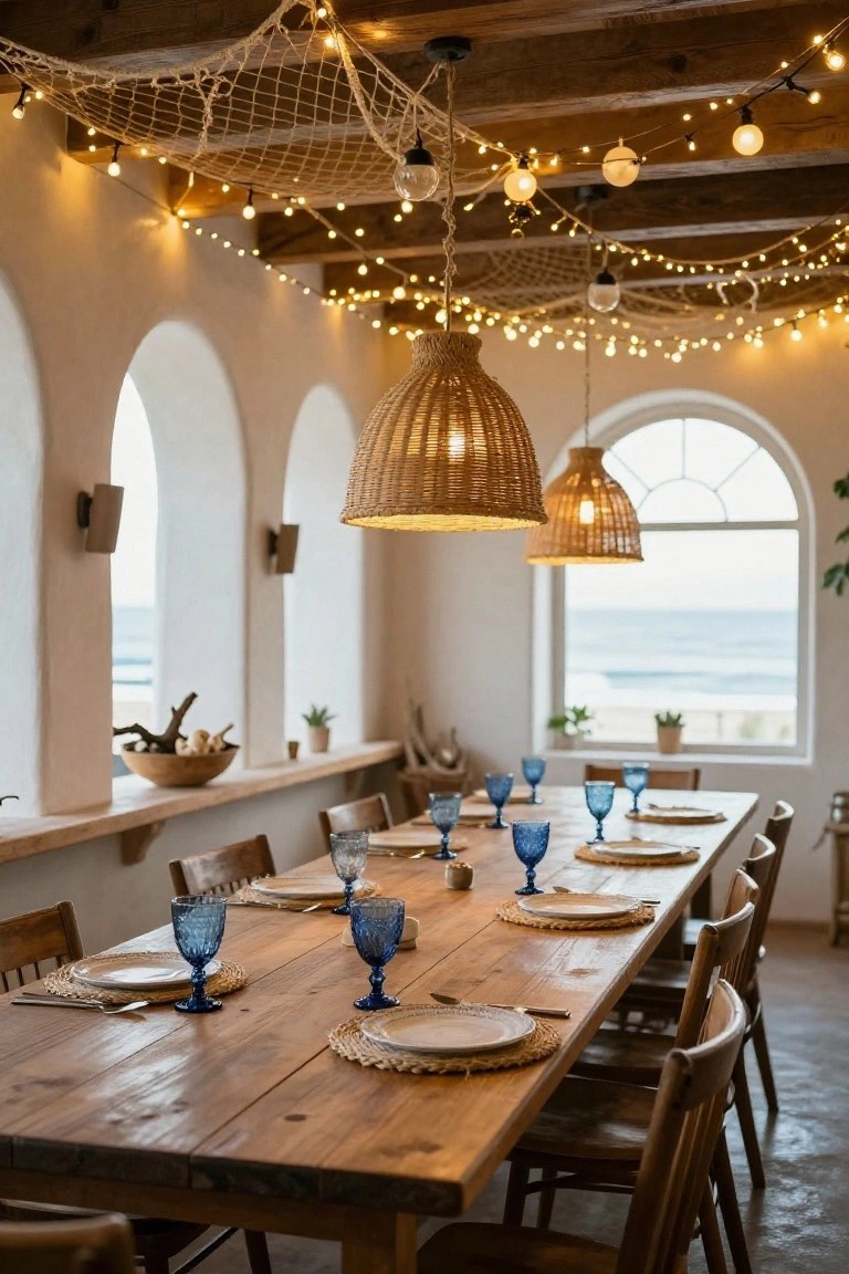 Dining room with long wooden table set with blue glassware, woven placemats, and plates, wooden chairs, rattan pendant lights, fishing nets draped across wooden beam ceiling with string lights, and arched windows overlooking the ocean.
