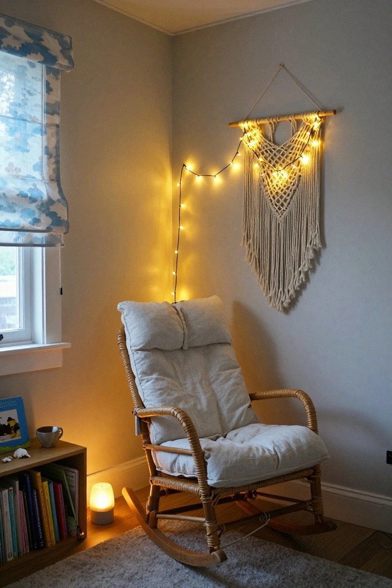 Gray corner room with rattan rocking chair cushioned in white, wooden bookshelf holding colorful books and toys, small glowing lamp on floor, macrame wall hanging draped with string lights, and window covered by blue roman shade.
