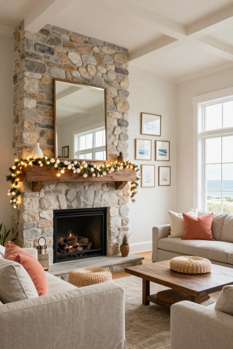 Living room with tall stone fireplace, wooden mantel holding evergreen garland with white pom-poms and string lights, beige sofas, woven trays on wood coffee table, and windows showing ocean view.