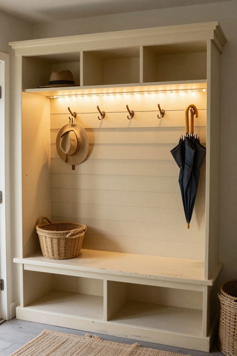 Built-in cream-colored wooden mudroom cabinet with LED strip lights under the top shelf illuminating hooks holding hats and umbrellas, a wicker basket on a bench below, shelves above, and wicker baskets on the floor beside an open door.
