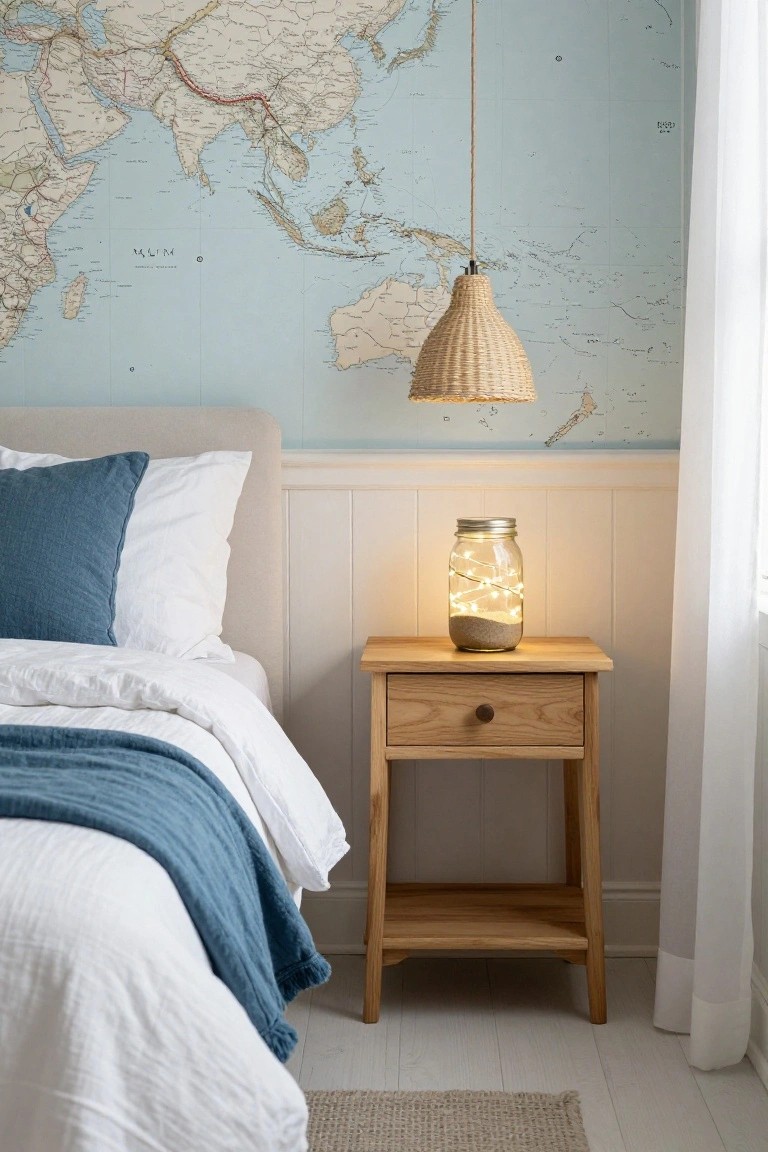 Cozy bedroom with bed, nightstand, woven pendant light, and world map wall.