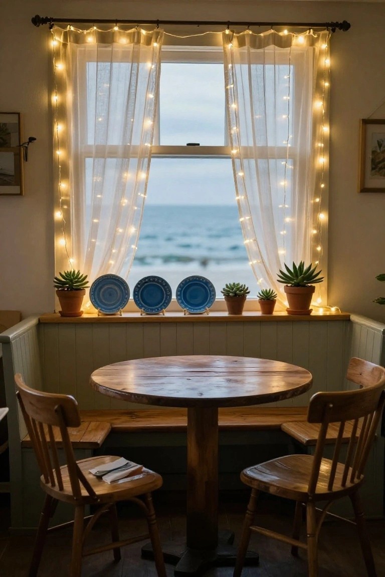 Indoor nook with wooden round table, chairs, and bench seating by a window overlooking the sea, featuring string lights on sheer curtains, blue plates, and potted succulents on the wooden sill.