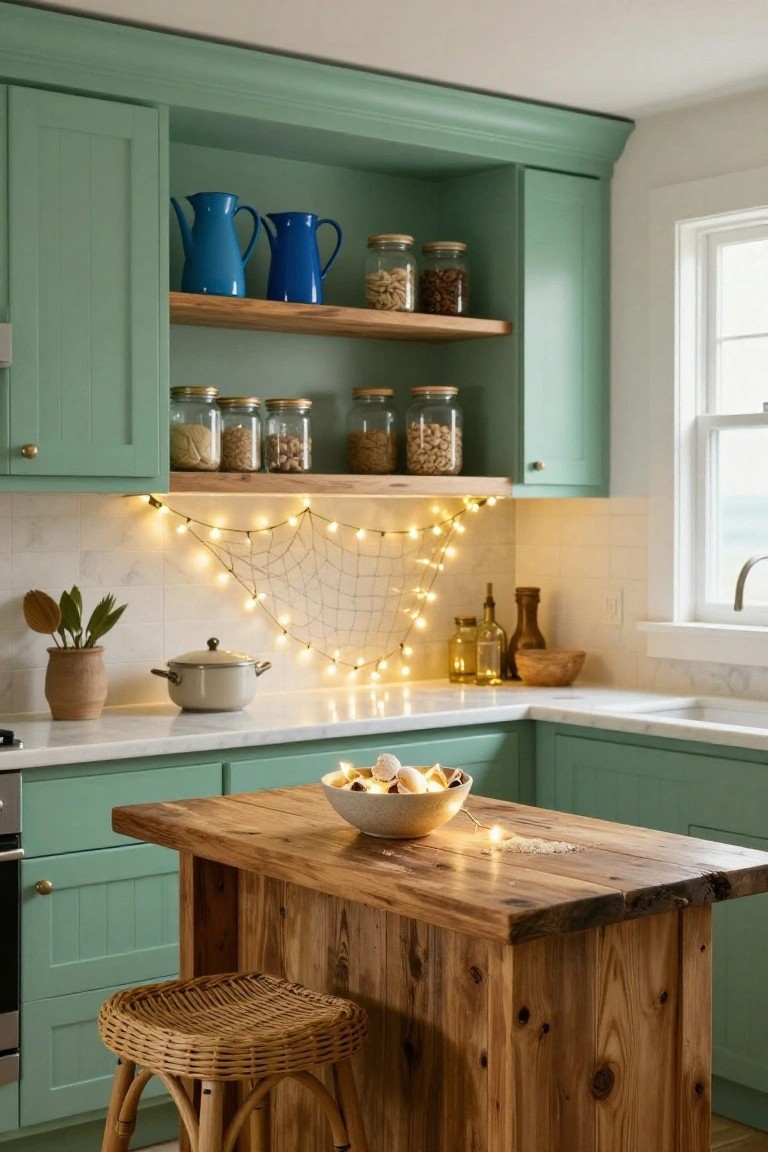 Kitchen with sage green cabinets, white marble counters, wooden island with rattan stool, blue pitchers on shelves, and string lights draped through a net on the tiled backsplash.
