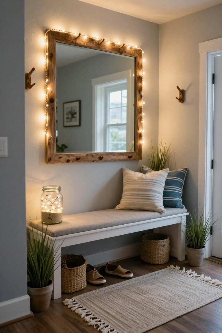 Entryway corner with tall oval mirror in rough wooden frame wrapped in white string lights, cushioned white bench with striped pillows, potted grasses, woven baskets with shoes, mason jar lamp with lights and sand, and fringed rug on wood floor.