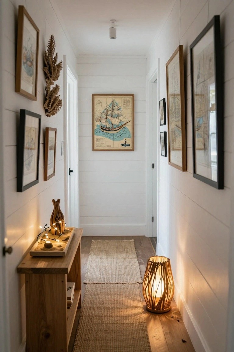Narrow white shiplap hallway with coastal nautical artwork and maps on walls, wooden console table holding driftwood vase wrapped in string lights, sand tray, woven floor lamp, and seagrass runner rug on wood floor.