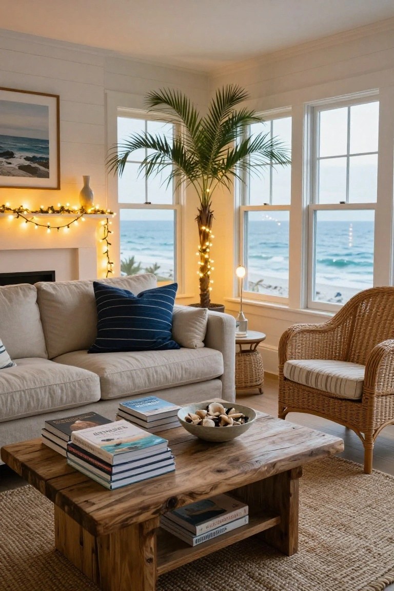 Living room interior with light gray sofa, blue striped pillow, wooden coffee table stacked with books, rattan armchair, potted palm tree wrapped in string lights, mantel shelf with fairy light garland, and large windows showing ocean view.
