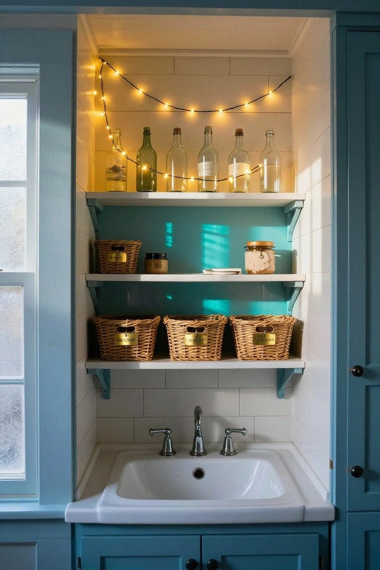 Indoor kitchen nook with turquoise cabinets and white subway tile walls featuring open wood shelves holding glass bottles wrapped in string lights, wicker baskets labeled with brass tags, small jars, and a white porcelain sink below.