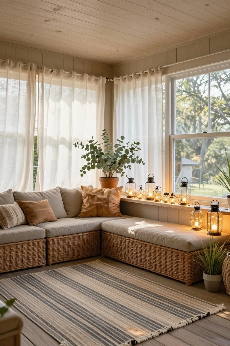 Sunroom corner with L-shaped rattan sofa and beige cushions, potted plants, sheer curtains on three windows, and multiple small glass and metal lanterns with fairy lights placed along the windowsill and bench.