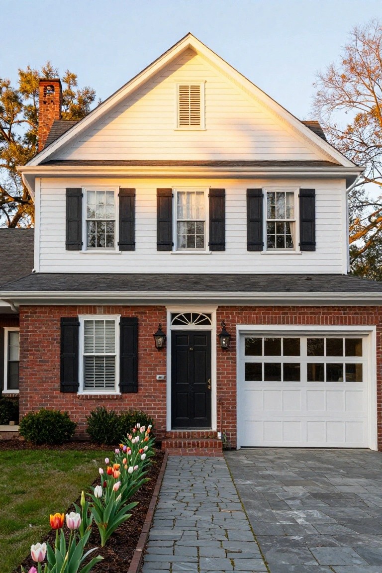 Two-story Colonial house exterior with white clapboard siding on the upper level, red brick base and garage, black shutters and front door, slate walkway, and tulip flower bed in front yard.