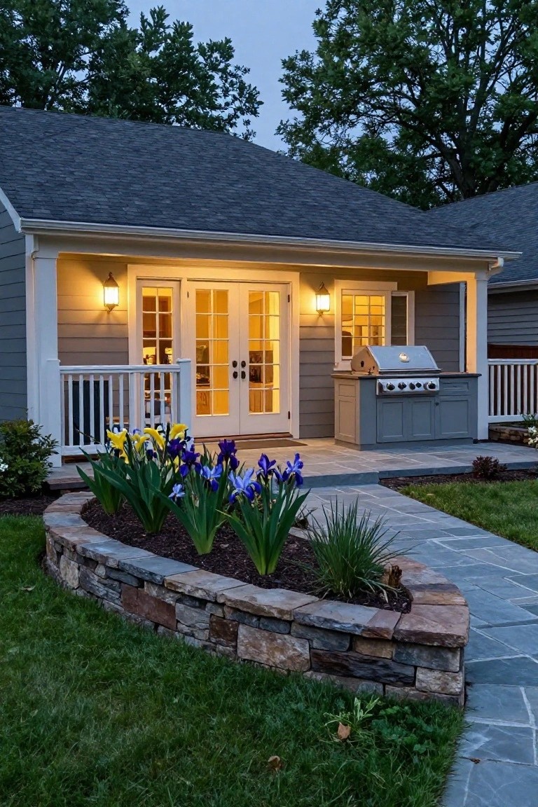 Gray clapboard house exterior with dark shingle roof, white French doors and trim lit warmly at dusk, opening to a slate patio with built-in stainless steel grill on matching gray cabinets, curved stone retaining wall planted with yellow tulips and purple irises, lantern lights, and surrounding lawn.