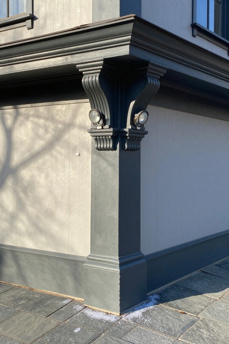 Corner detail of a light gray shingled house with dark gray trim, paired carved corbels supporting the roof overhang, wall-mounted lanterns on the brackets, and slate pavers at the foundation.