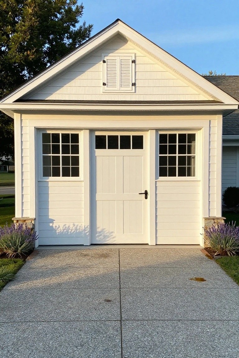 White shingled gabled garage with louvered shutters in the gable, multi-pane windows flanking a central paneled door, lavender plants at the base, and a concrete driveway.