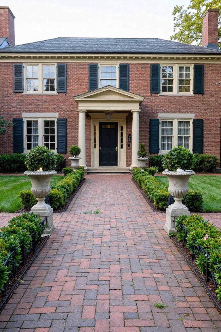 Red brick colonial house exterior with symmetrical windows, black front door under a white pedimented portico supported by two columns, flanked by boxwood topiaries in stone urns along a brick pathway edged with hedges.