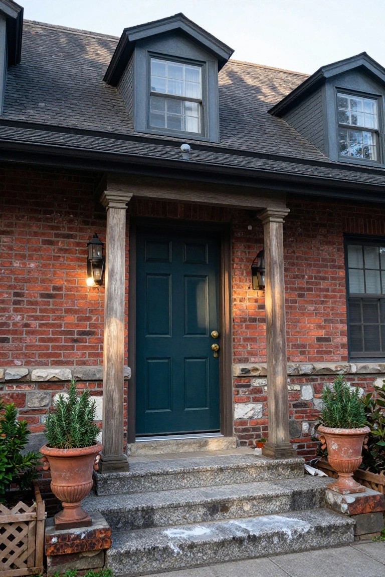 Front view of a two-story brick house with dark green paneled door centered under a gabled portico supported by two wooden columns, flanked by wall lanterns, potted rosemary plants on each side, and granite steps leading to the entry.