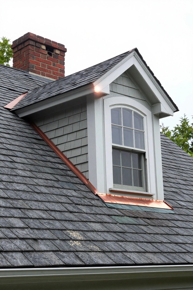 Close-up view of a house roof with dark shingles, a white six-over-six dormer window, copper flashing along the dormer and valley, and a brick chimney.