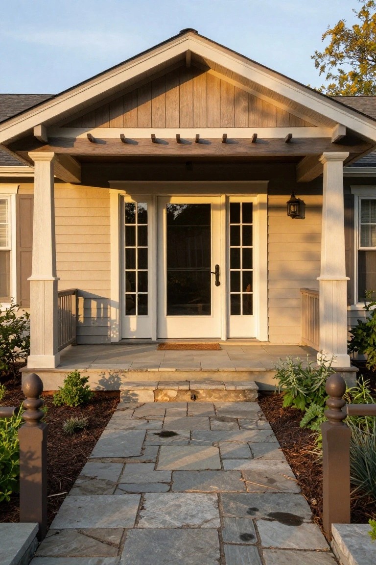 Front exterior of a beige clapboard house with a gabled covered porch featuring exposed wood beams, white tapered columns, double French doors, side windows, a stone pathway, and low plantings.