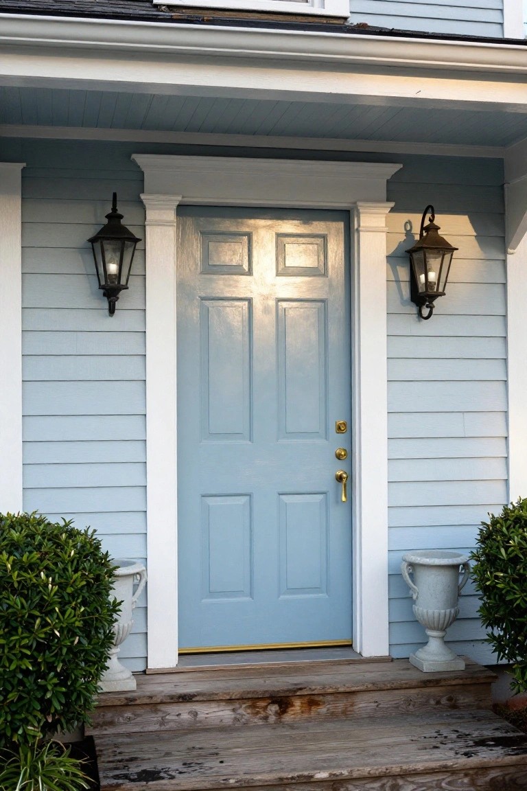 Light blue clapboard house exterior featuring a brighter blue six-panel front door centered between white pilasters, flanked by black wall lanterns and white urns planted with boxwood shrubs on either side of weathered wooden porch steps.