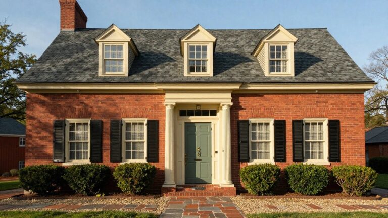 Two-story red brick colonial house with gray slate roof, dormer windows, black shutters, central white pedimented portico supported by columns around a green front door, flanked by boxwood hedges and a flagstone walkway on gravel.