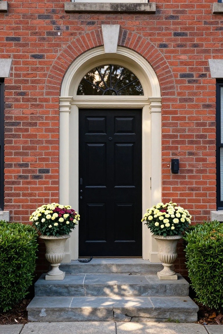 Red brick colonial house facade featuring a centered black paneled door under an arched transom window, flanked by matching stone urns with yellow and pink mum flowers on stone steps, with boxwood shrubs on either side.