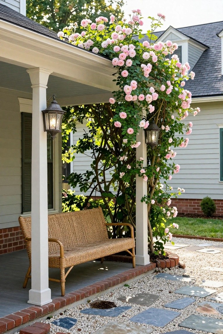 Colonial house porch featuring white columns draped with blooming pink climbing roses, a wicker bench against the railing, hanging lanterns on posts, and gravel path nearby.