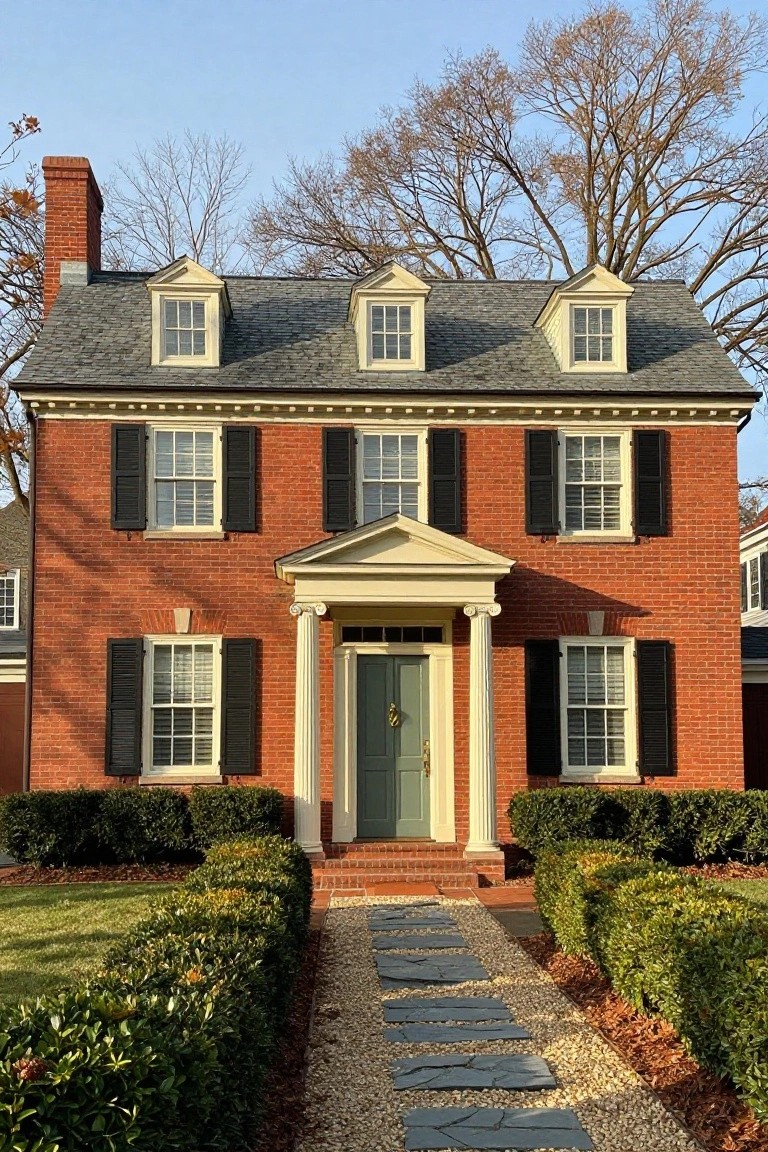 Two-story red brick colonial house with gray slate roof, dormer windows, black shutters, central white pedimented portico supported by columns around a green front door, flanked by boxwood hedges and a flagstone walkway on gravel.