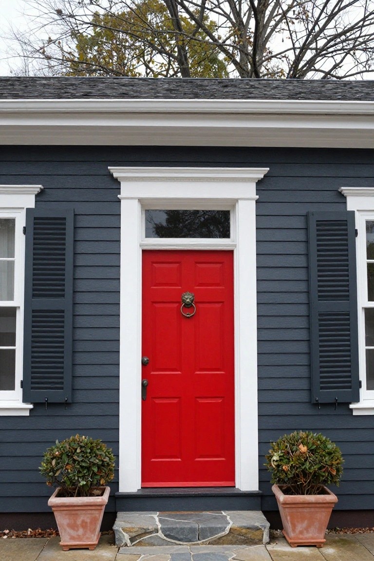 Navy clapboard house with white trim and shutters flanking a bright red front door with brass lion-head knocker, stone entry steps, and potted shrubs on either side.