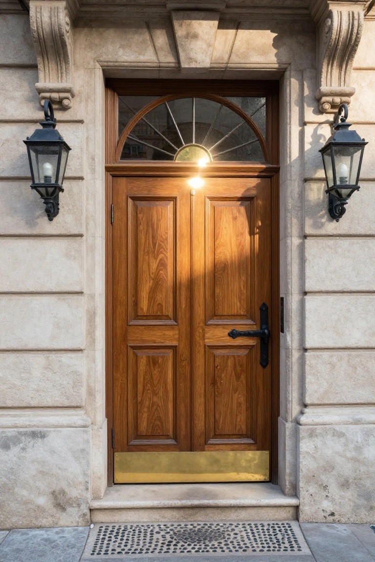 Close-up view of a wooden double front door with paneled design, arched fanlight transom window, black wrought iron door handle, flanked by two black metal lanterns on a beige stone facade, with a gold kickplate and pebble doorstep.