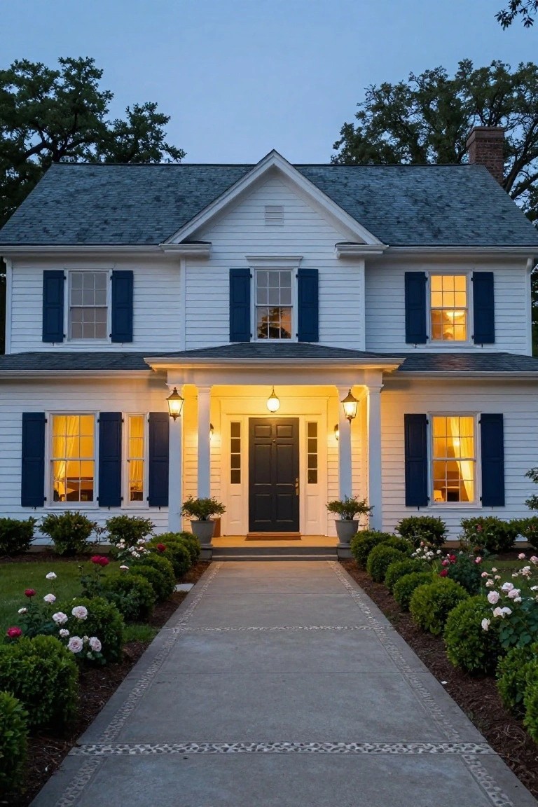 White two-story colonial house with navy blue shutters on windows, gray shingle roof, columned porch with dark front door and lanterns, symmetrical boxwood shrubs and rose bushes flanking a concrete pathway with pebble inlays, at dusk with interior lights on.
