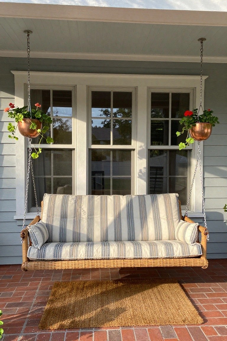 A cushioned wicker porch swing with beige and white striped pillows hangs from chains under a covered porch with light blue siding, white triple windows, and copper hanging planters with red geraniums, above a brick patio and seagrass rug.