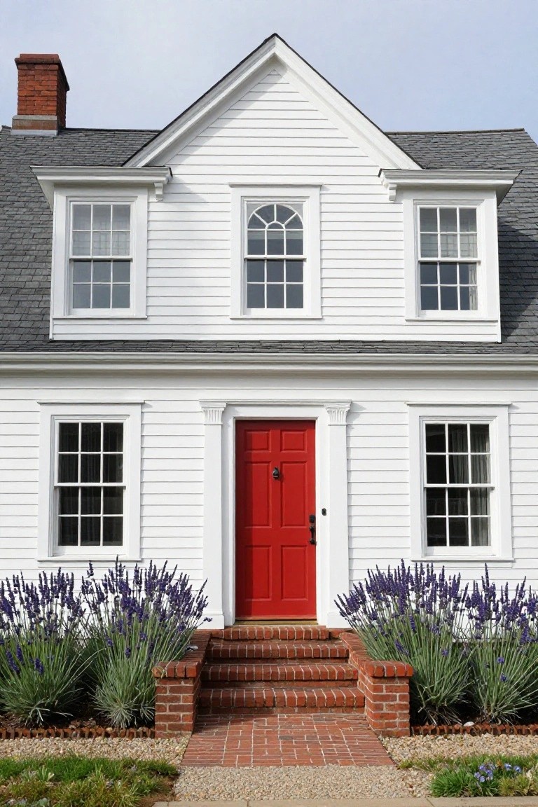 White two-story colonial house with gray shingle roof, symmetrical multi-pane windows, red paneled front door with black hardware, brick steps, and lavender plants in front.