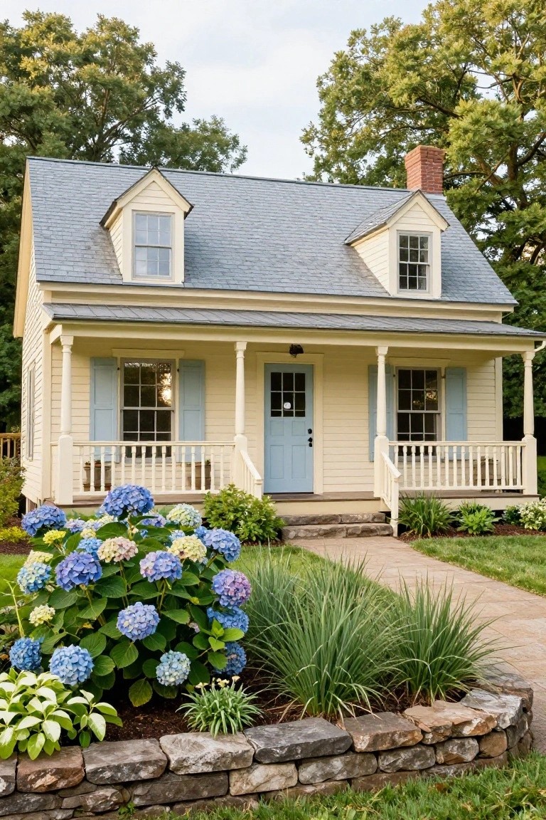 Small pale yellow clapboard house with gabled roof, dormer windows, blue shutters and door, white porch railing, steps leading to stone path, blue hydrangeas in front bed, trees in background.