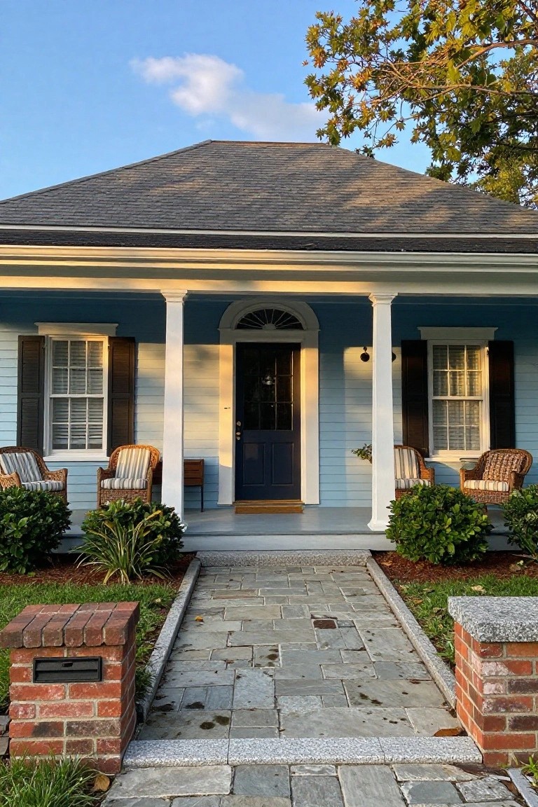 Light blue clapboard house with white fluted porch columns, dark blue front door with fanlight window, wicker chairs on porch, boxwoods, and brick pillars flanking a flagstone walkway.