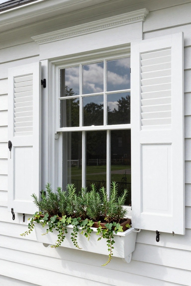 White clapboard house exterior with open white louvered shutters framing a multipane double-hung window, and a white window box below holding rosemary plants and trailing ivy.