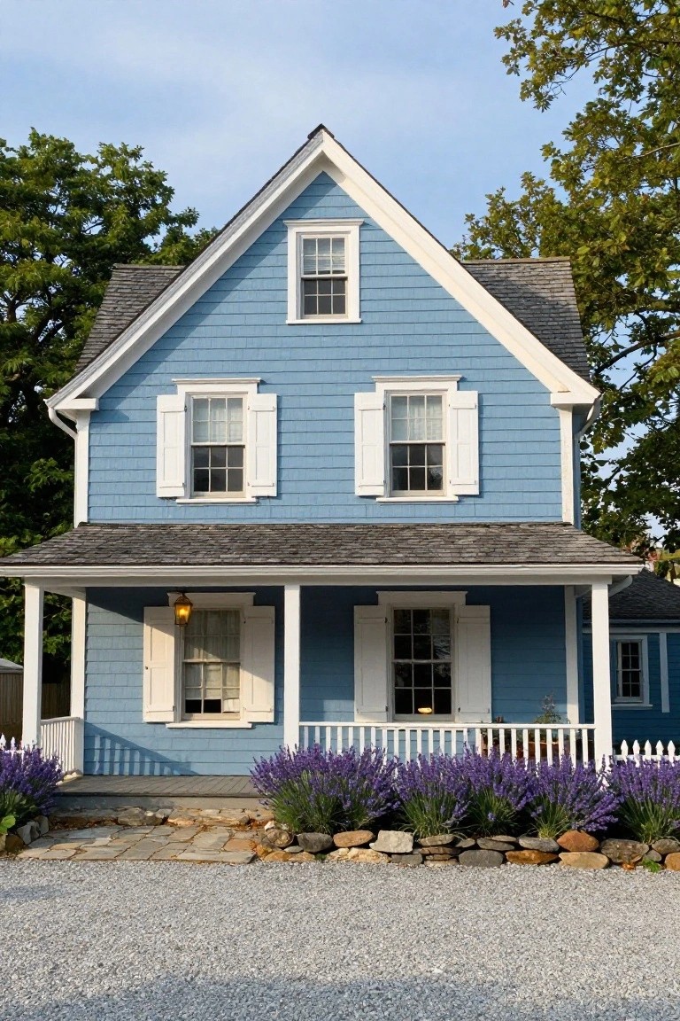Two-story light blue clapboard colonial house with white trim, gable roof, front porch, lanterns, shutters, lavender plants, stone edging, and gravel driveway.
