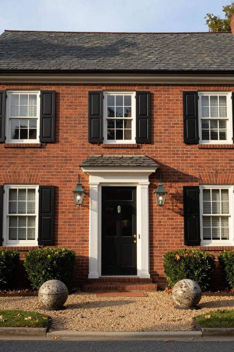 Two-story red brick Colonial house with slate gable roof, black shutters on white double-hung windows, centered black front door with columned portico and lanterns, flanked by boxwood shrubs and stone spheres on gravel path in front of street.