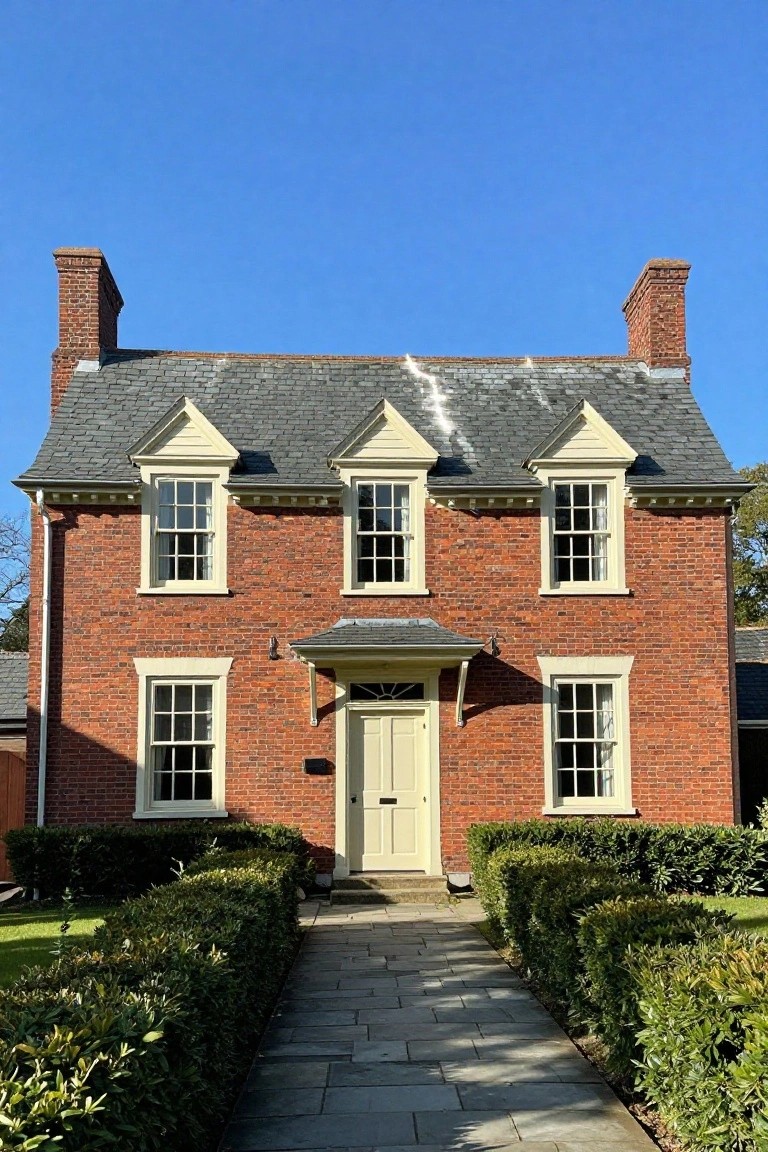 Two-story red brick Colonial house with slate gable roof, white trim around multipane windows, small covered entry porch, boxwood hedges, and slate stone pathway leading to the front door.