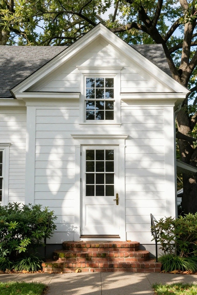 Front exterior of a small white clapboard house with gray gable roof over centered nine-pane door and window, flanked by brick steps, shrubs, and trees on a concrete walkway.