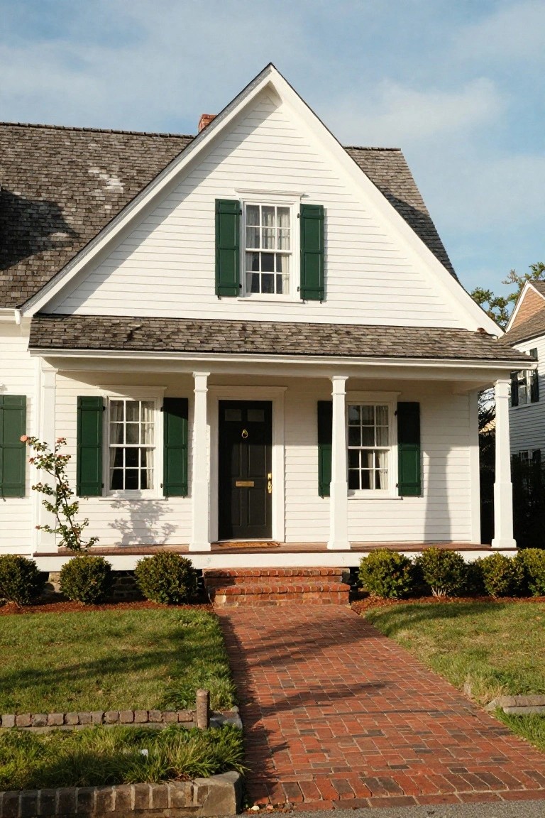 White Colonial house with steep gable roof, green shutters on multi-pane windows, columned front porch, black entry door, brick steps, and low boxwood shrubs along the yard edge.