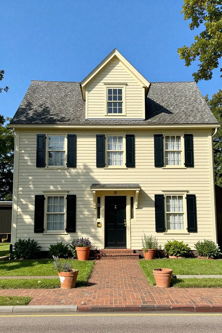 Two-story yellow clapboard house with gray gable roof, black shutters on multi-pane windows, small front porch with black door, brick walkway, potted plants, and green lawn under blue sky.