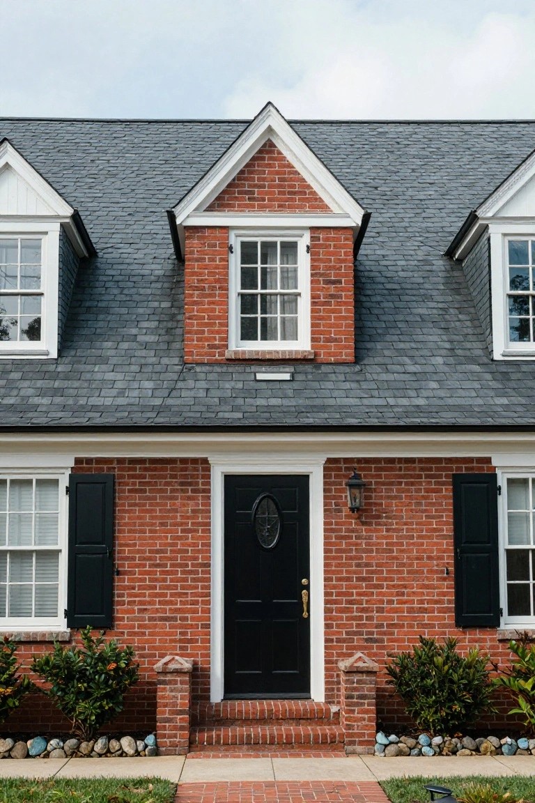 Red brick house with gabled slate-shingled roof, white trim around windows and dormers, black front door with oval window, black shutters, brick steps, and shrubs with rocks along the front.