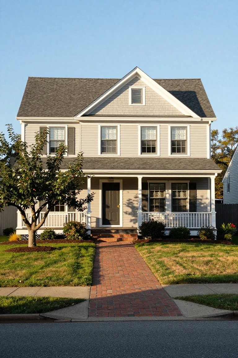 Two-story light gray house with gable roof, white trim on windows and covered front porch with railing, dark wood door, brick walkway, apple tree, shrubs, and grass in front yard.