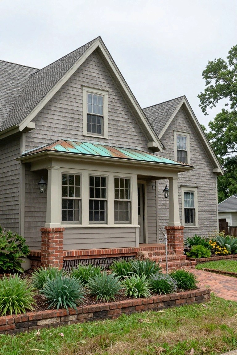 Gray shingle-sided two-story house with gable roofs, copper-roofed front porch featuring triple windows and columns on brick piers, flanked by landscaping and a brick walkway.