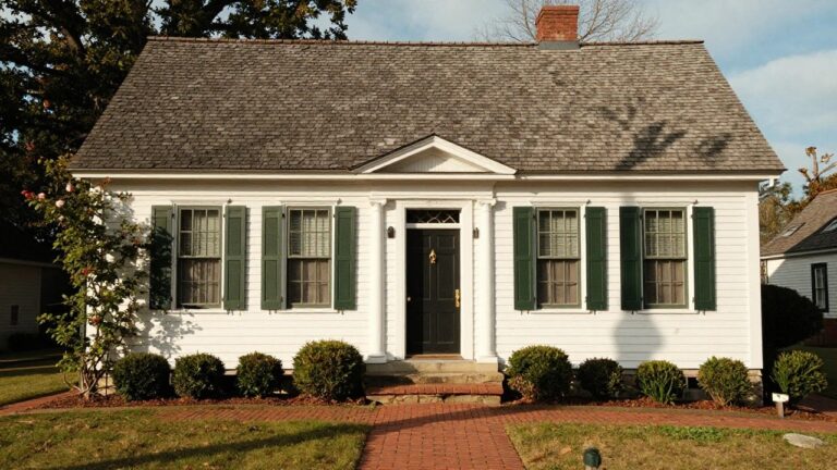 White Colonial house with steep gable roof, green shutters on multi-pane windows, columned front porch, black entry door, brick steps, and low boxwood shrubs along the yard edge.