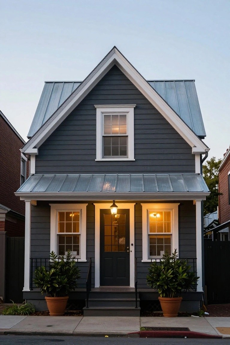 Gray clapboard colonial cottage with gable roof, standing seam metal roofing, white trim, covered front porch with lantern light, potted plants on steps, and adjacent brick houses at dusk.