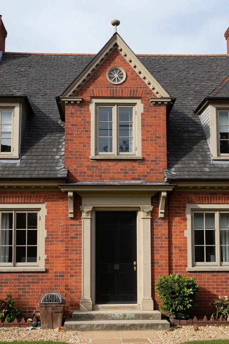 Front view of a two-story red brick house with a central projecting gable roof containing a round window, slate shingles, stone-trimmed windows and columns around a black entry door, and low front plantings on a gravel path.